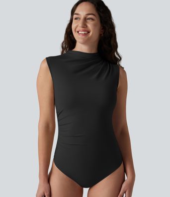 Mock Neck Ruched Sleeveless Casual Bodysuit