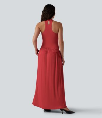Ribbed Racerback Built-in Bra Maxi Dress with Pockets