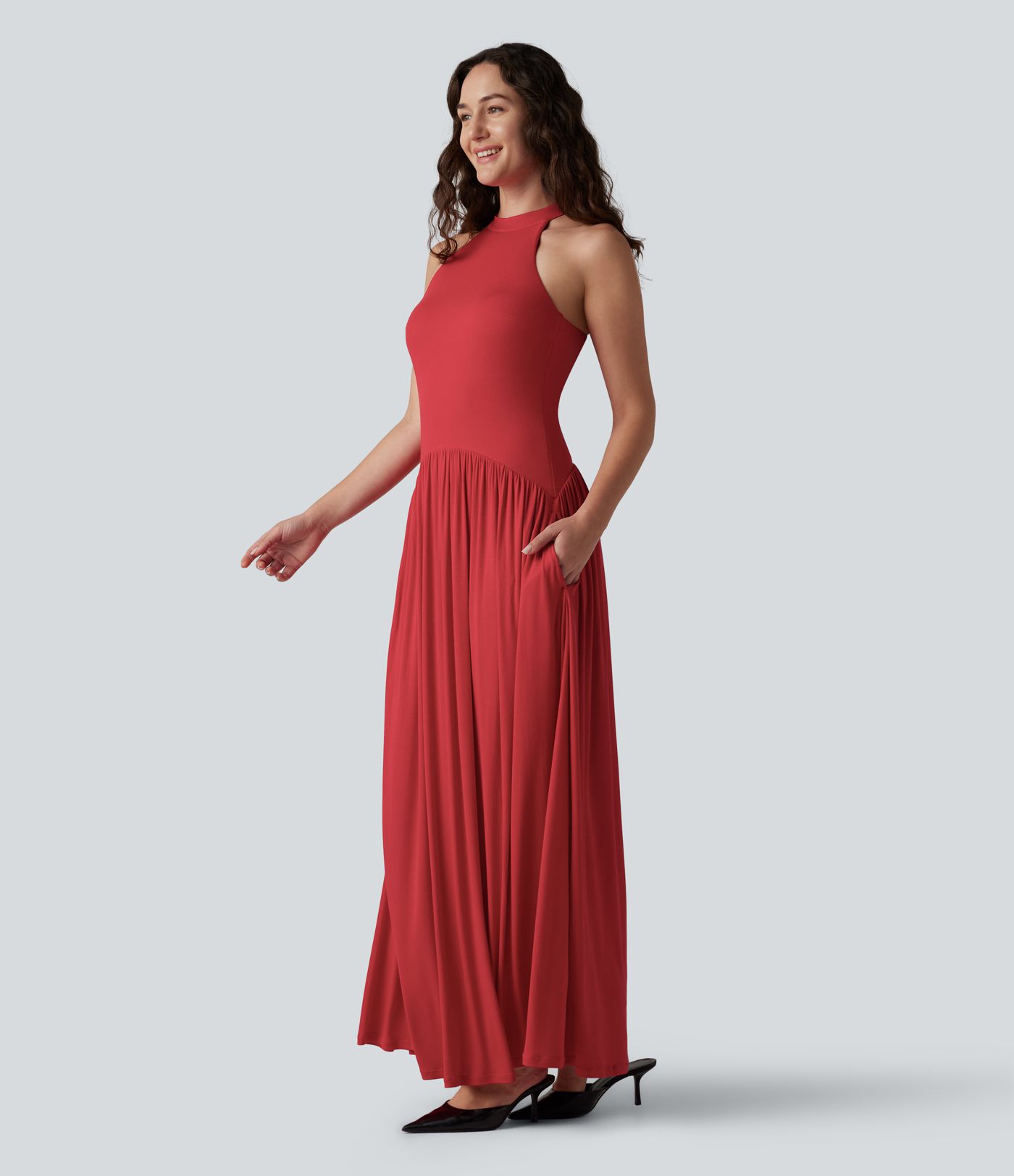 Ribbed Racerback Built-in Bra Maxi Dress with Pockets