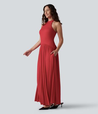 Ribbed Racerback Built-in Bra Maxi Dress with Pockets