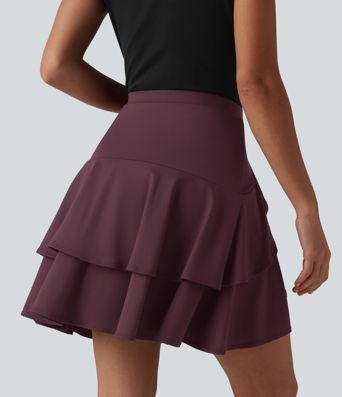SoftlyZero™ Airy High Waisted Tiered Ruffle Hem 2-in-1 Cool Touch Longer Mini Casual Skirt with Pocket