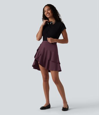 SoftlyZero™ Airy High Waisted Tiered Ruffle Hem 2-in-1 Cool Touch Longer Mini Casual Skirt with Pocket