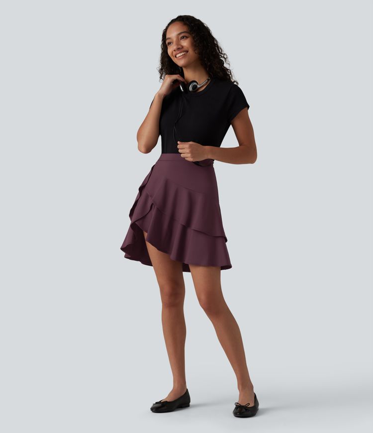 SoftlyZero™ Airy High Waisted Tiered Ruffle Hem 2-in-1 Cool Touch Longer Mini Casual Skirt with Pocket