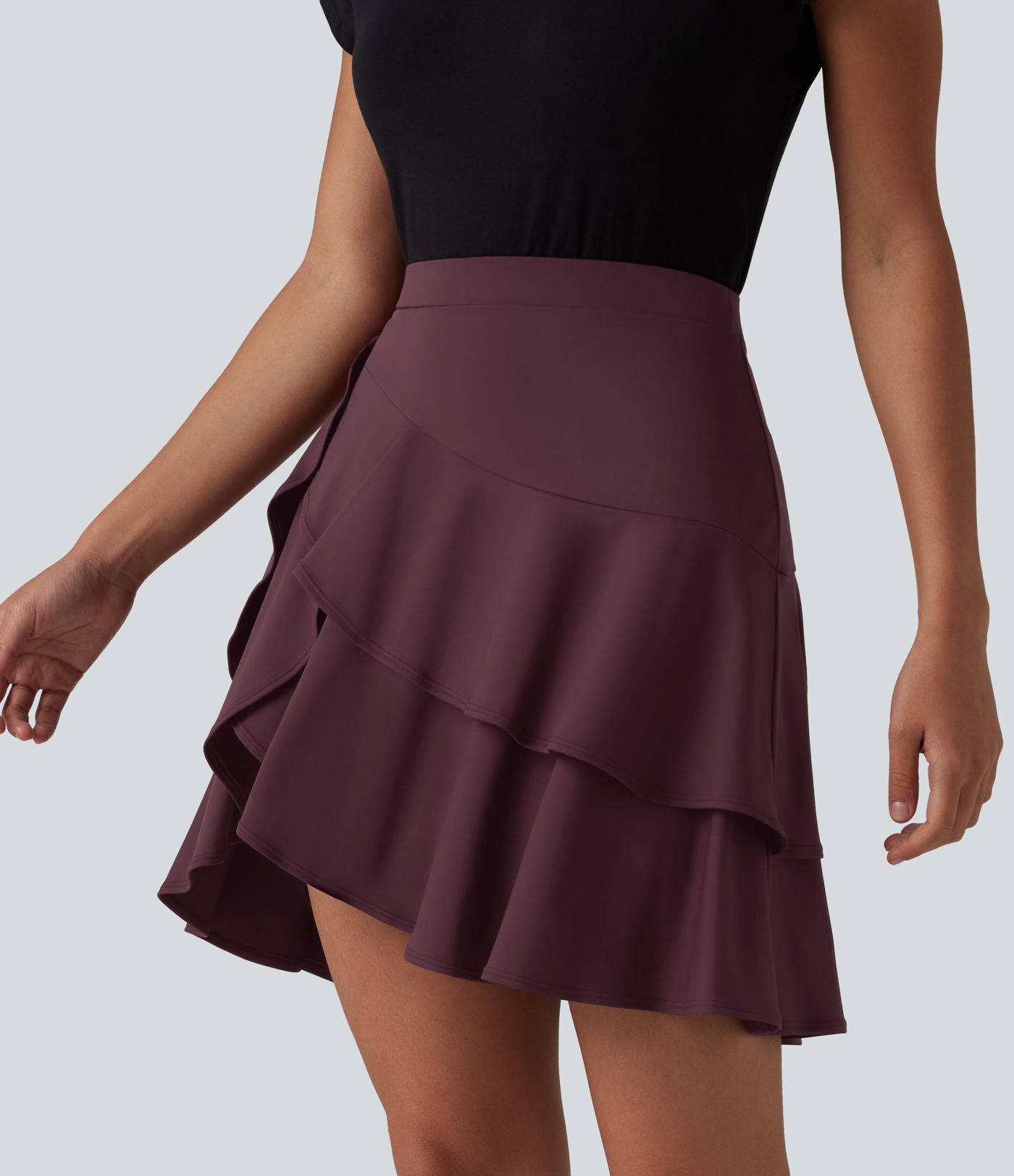 SoftlyZero™ Airy High Waisted Tiered Ruffle Hem 2-in-1 Cool Touch Longer Mini Casual Skirt with Pocket