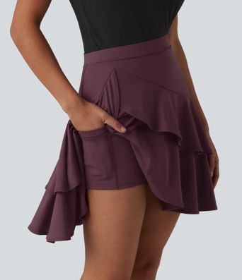 SoftlyZero™ Airy High Waisted Tiered Ruffle Hem 2-in-1 Cool Touch Longer Mini Casual Skirt with Pocket