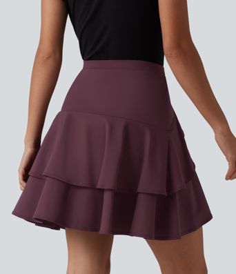 SoftlyZero™ Airy High Waisted Tiered Ruffle Hem 2-in-1 Cool Touch Longer Mini Casual Skirt with Pocket