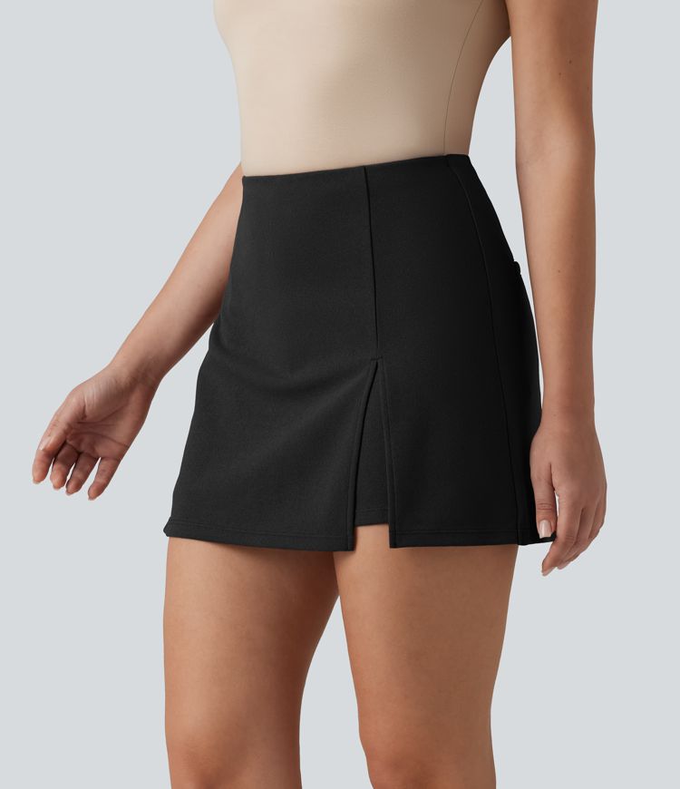 Wrinkle-resistant High Waisted Split A-line Work Skort with Pockets