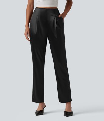 High Waisted Satin Work Tapered Pants with Pockets