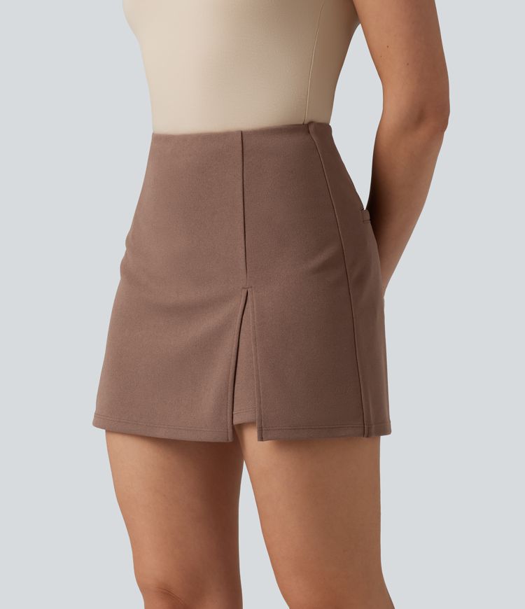 Wrinkle-resistant High Waisted Split A-line Work Skort with Pockets