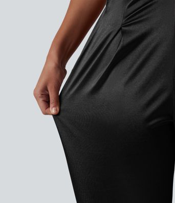 High Waisted Satin Work Tapered Pants with Pockets