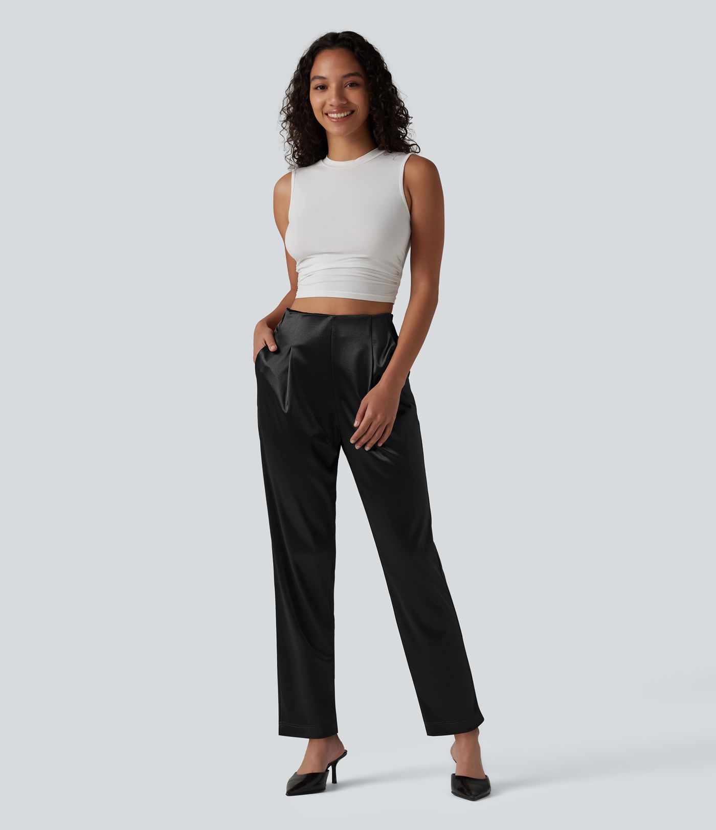 High Waisted Satin Work Tapered Pants with Pockets