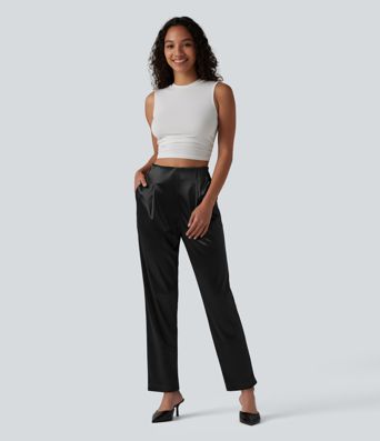 High Waisted Satin Work Tapered Pants with Pockets