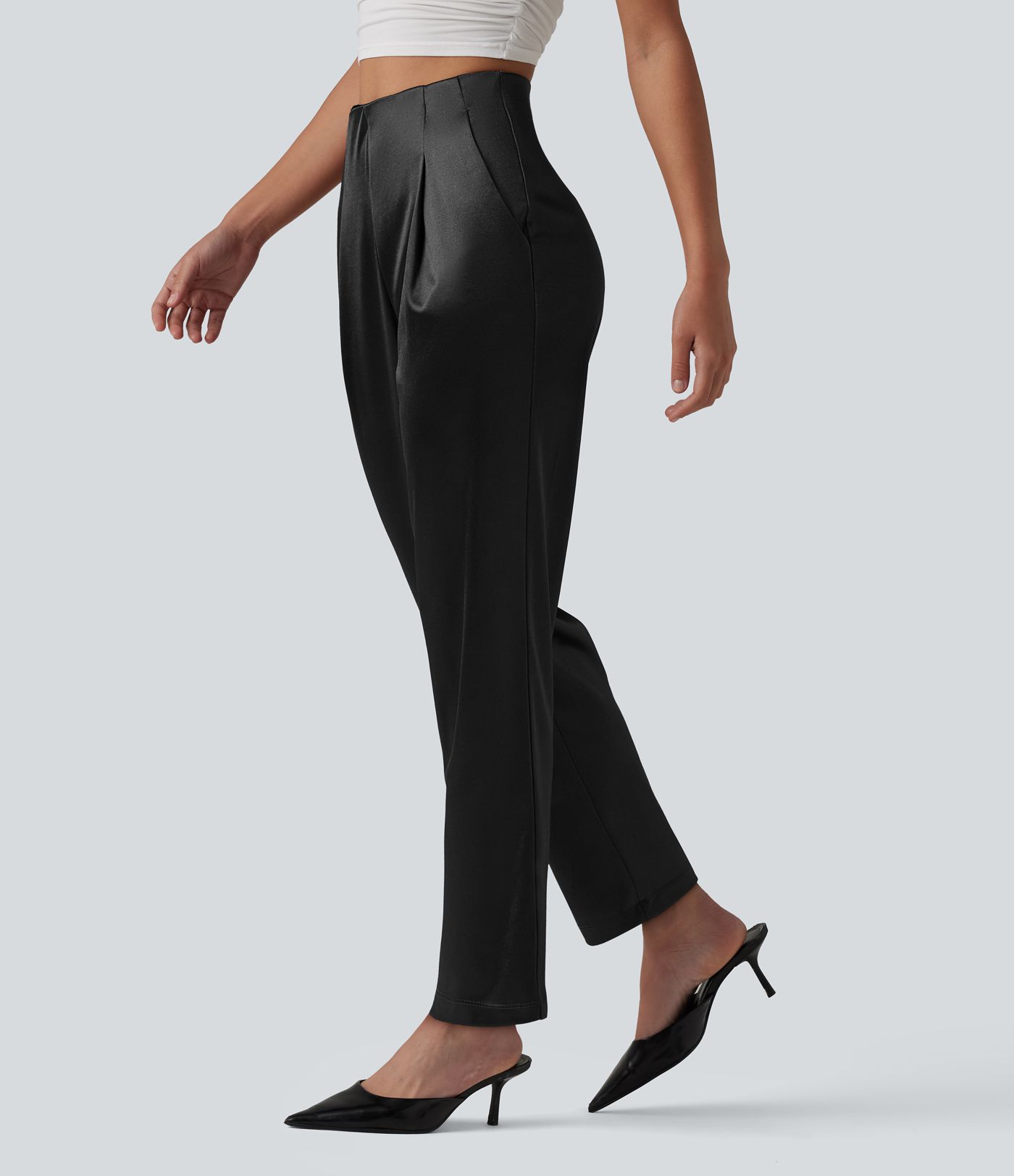 High Waisted Satin Work Tapered Pants with Pockets