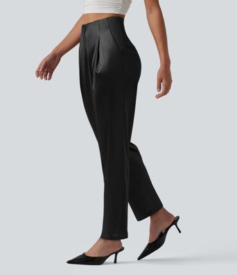 High Waisted Satin Work Tapered Pants with Pockets