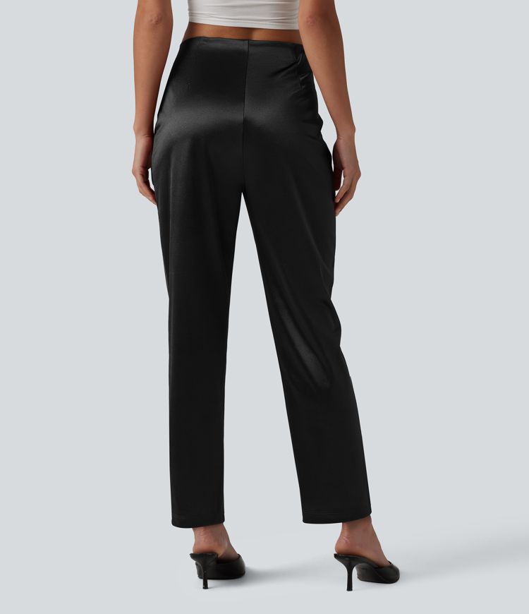 High Waisted Satin Work Tapered Pants with Pockets