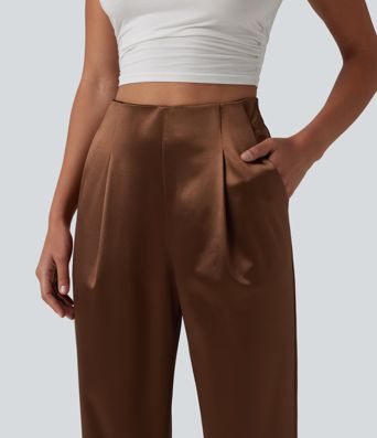 Schmal zulaufende Bürohose aus Satin mit hohem Bund und Seitentaschen