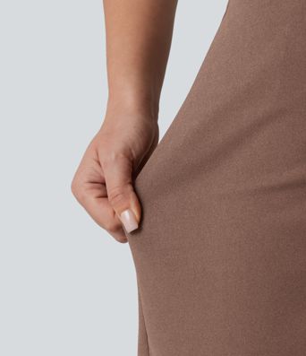 Wrinkle-resistant High Waisted Split A-line Work Skort with Pockets