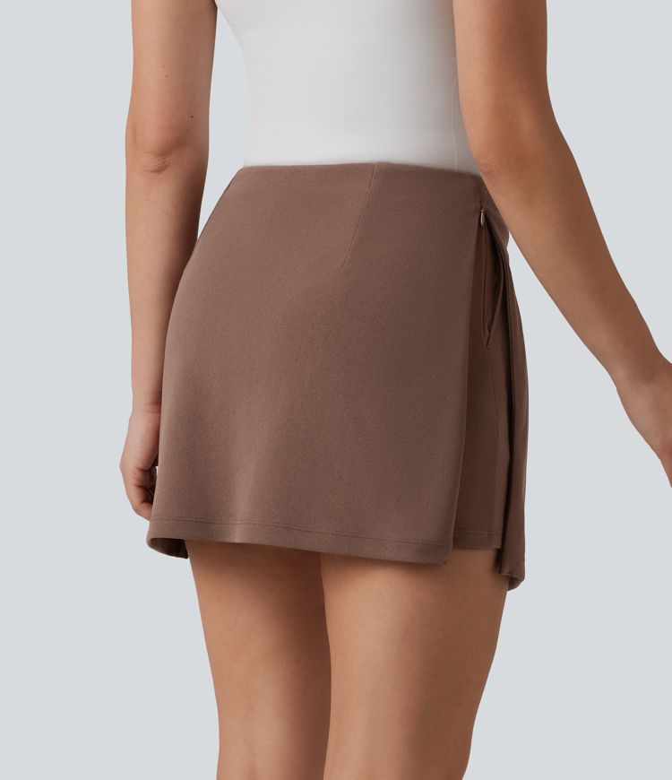 Wrinkle-resistant High Waisted Invisible Zipper Split 2-in-1 Work Skort with Pockets