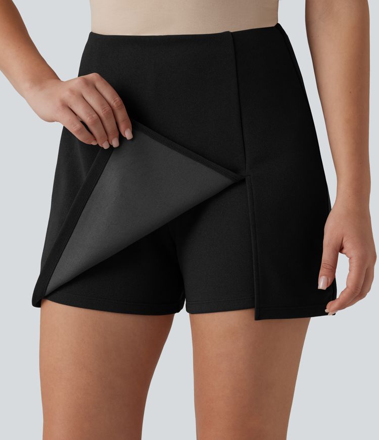 Wrinkle-resistant High Waisted Split A-line Work Skort with Pockets