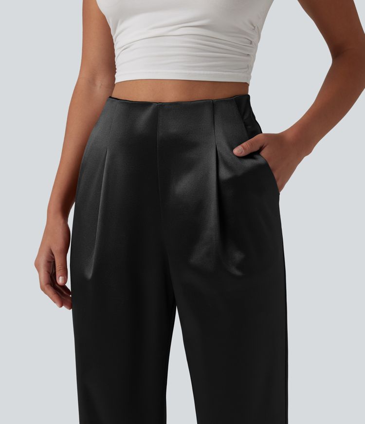 High Waisted Satin Work Tapered Pants with Pockets