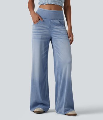 Halara Flex™ Mid Rise Draped Lyocell Washed Casual Baggy Wide Leg Jeans with Pockets