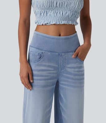 Halara Flex™ Mid Rise Draped Lyocell Washed Casual Baggy Wide Leg Jeans with Pockets