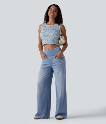 Halara Flex™ Mid Rise Draped Lyocell Washed Casual Baggy Wide Leg Jeans with Pockets
