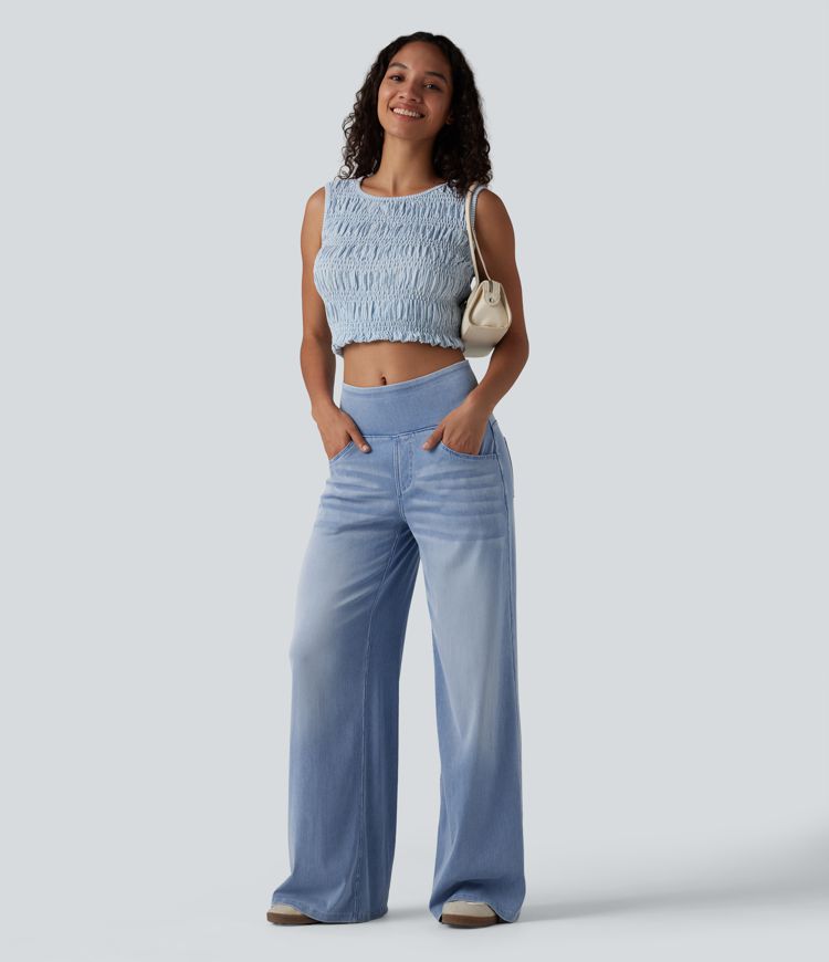 Halara Flex™ Mid Rise Draped Lyocell Washed Casual Baggy Wide Leg Jeans with Pockets