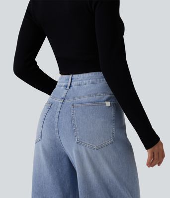 Halara Flex™ Asymmetric High Waisted Washed Casual Baggy Jeans with Pockets