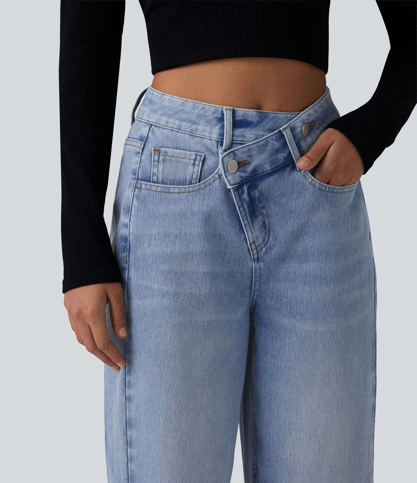Halara Flex™ Asymmetric High Waisted Washed Casual Baggy Jeans with Pockets