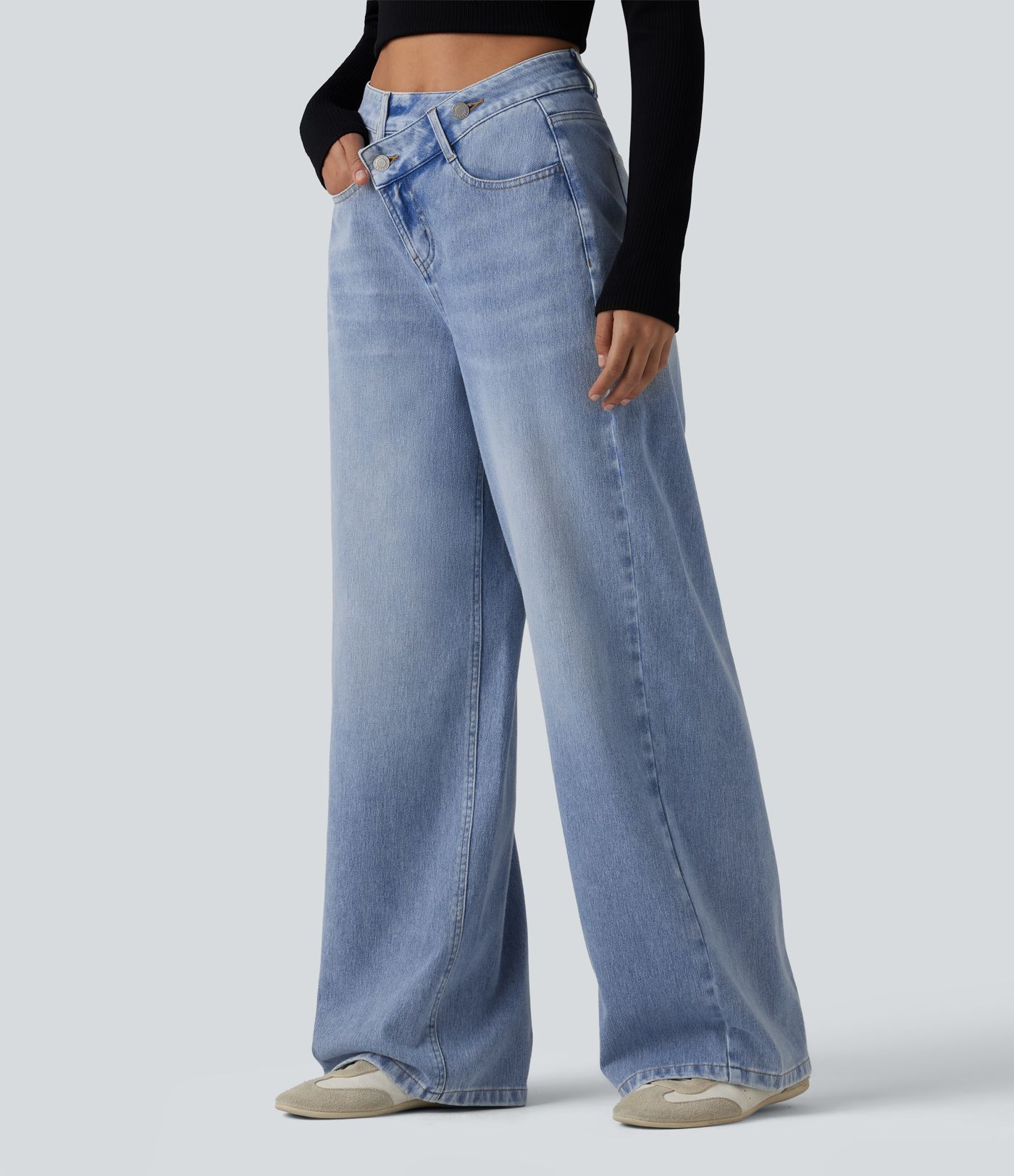 Halara Flex™ Asymmetric High Waisted Washed Casual Baggy Jeans with Pockets