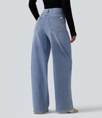 Halara Flex™ Asymmetric High Waisted Washed Casual Baggy Jeans with Pockets