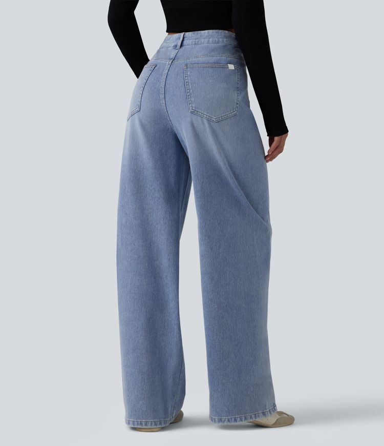 Halara Flex™ Asymmetric High Waisted Washed Casual Baggy Jeans with Pockets