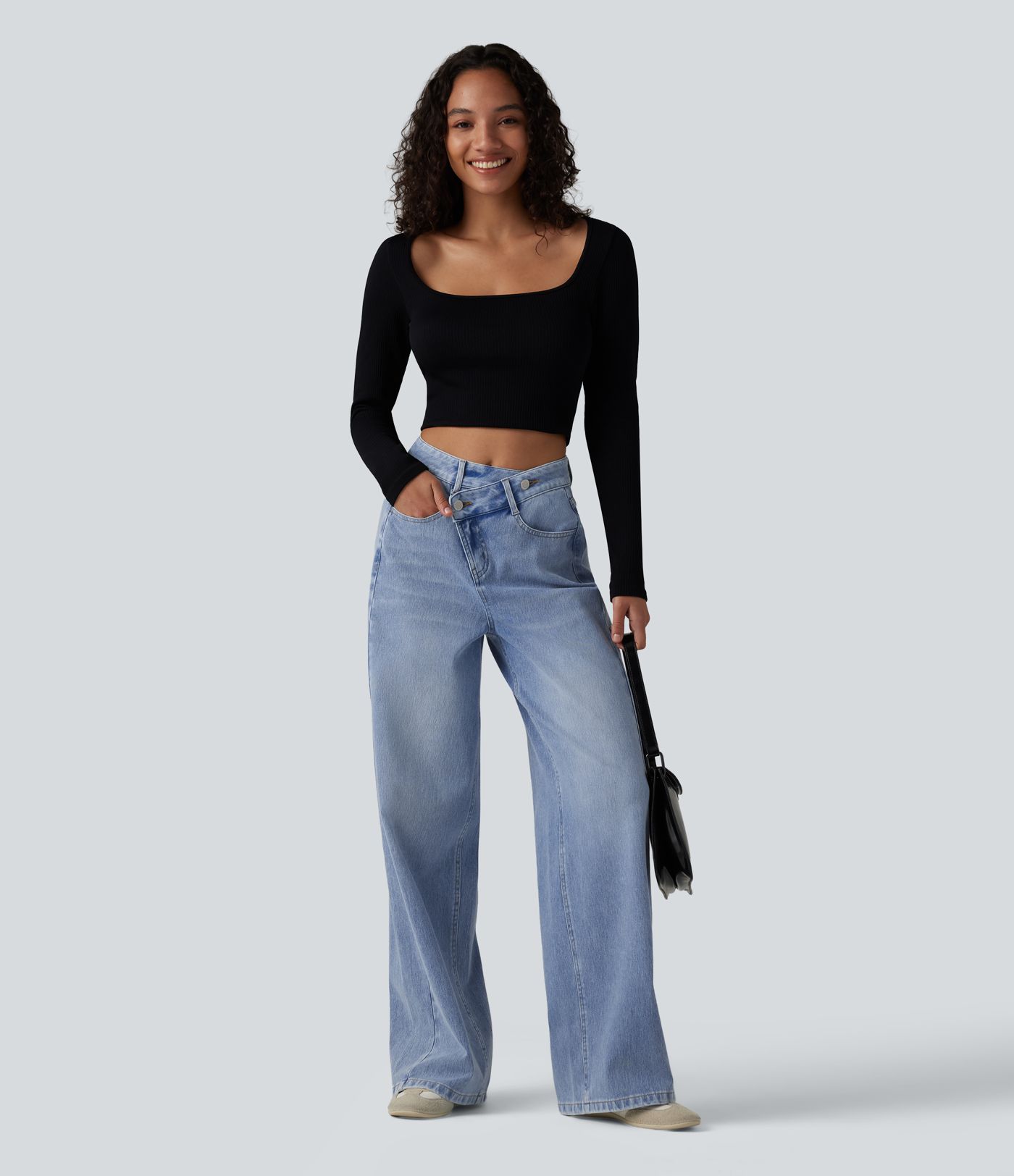 Halara Flex™ Asymmetric High Waisted Washed Casual Baggy Jeans with Pockets