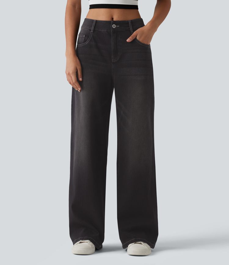 Halara Flex™ Mid Rise Washed Baggy Wide Leg Casual Jeans with Pockets