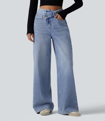 Halara Flex™ Asymmetric High Waisted Washed Casual Baggy Jeans with Pockets