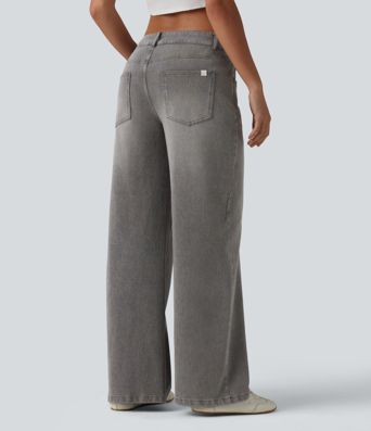 Halara Flex™ Asymmetric Low Rise Zipper Pockets Baggy Wide Leg Washed Casual Jeans