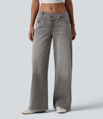Halara Flex™ Asymmetric Low Rise Zipper Pockets Baggy Wide Leg Washed Casual Jeans
