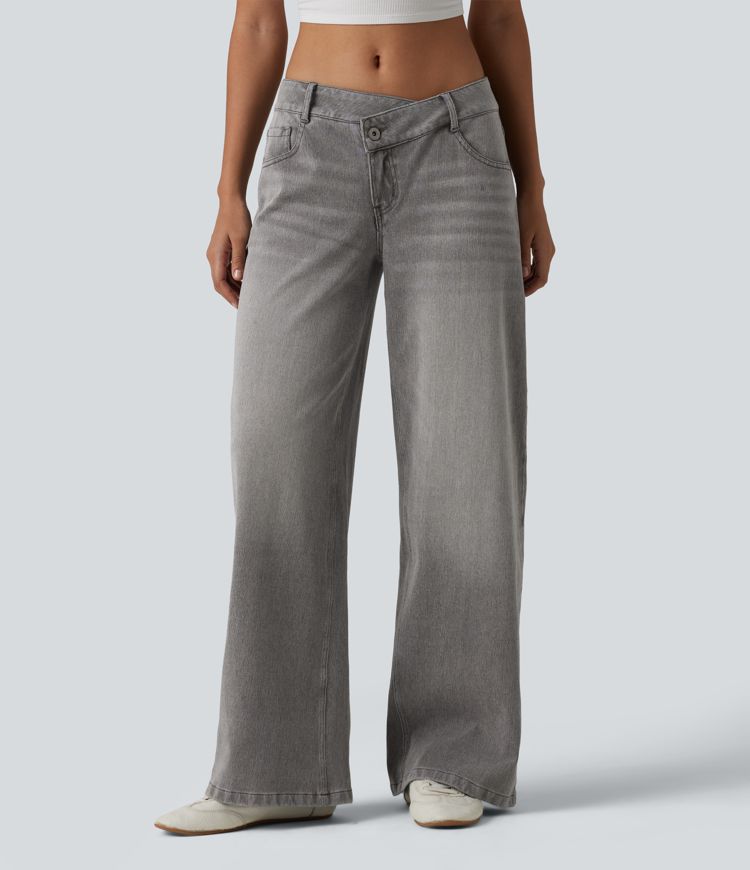 Halara Flex™ Asymmetric Low Rise Zipper Pockets Baggy Wide Leg Washed Casual Jeans