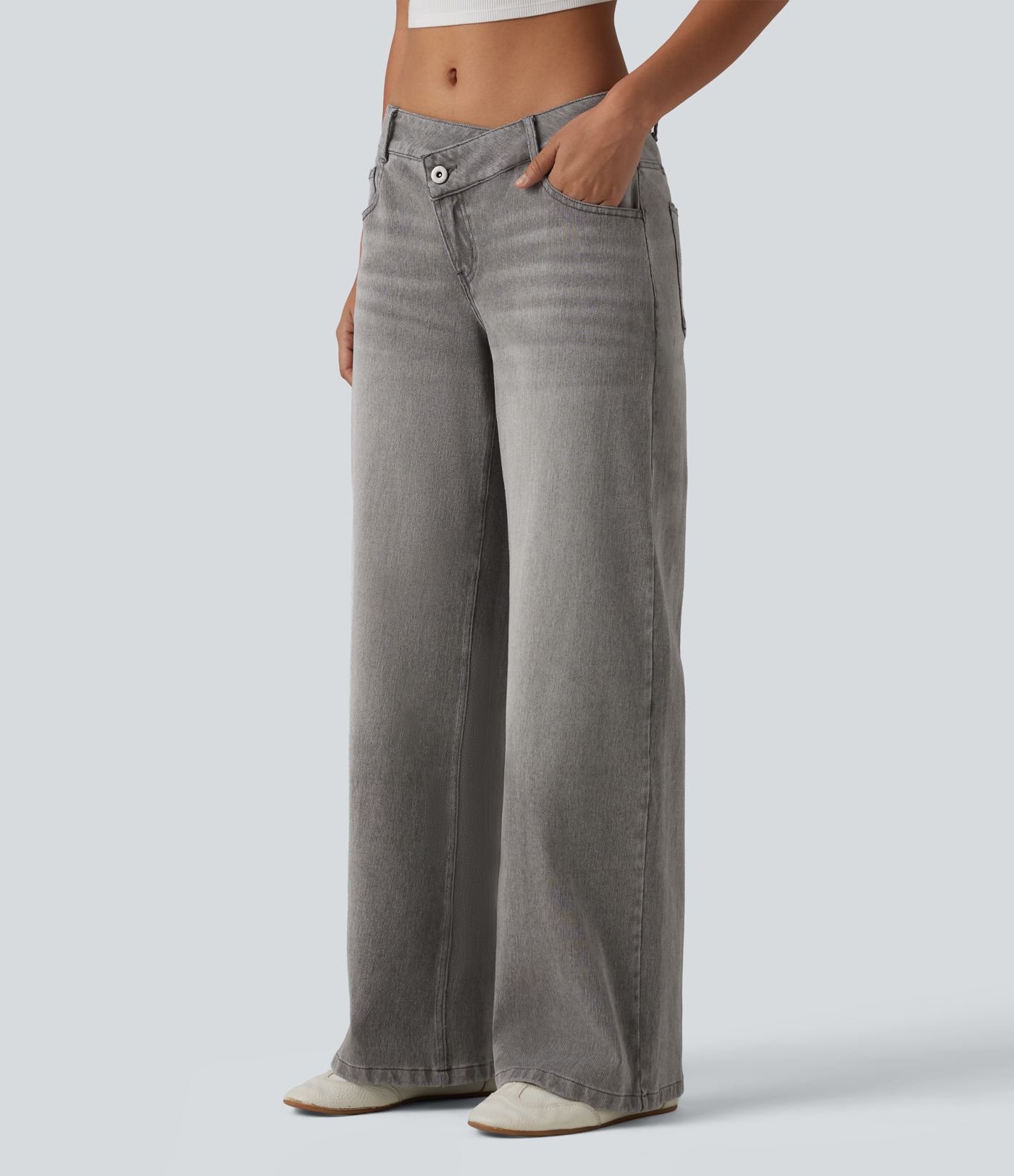 Halara Flex™ Asymmetric Low Rise Zipper Pockets Baggy Wide Leg Washed Casual Jeans