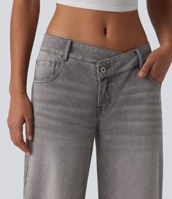 Halara Flex™ Asymmetric Low Rise Zipper Pockets Baggy Wide Leg Washed Casual Jeans
