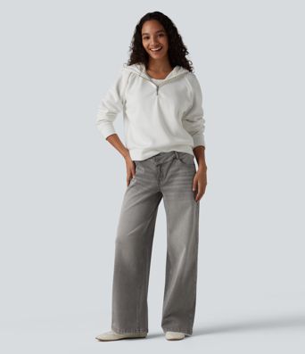 Halara Flex™ Asymmetric Low Rise Zipper Pockets Baggy Wide Leg Washed Casual Jeans