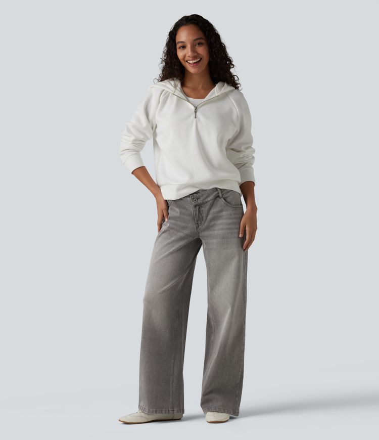 Halara Flex™ Asymmetric Low Rise Zipper Pockets Baggy Wide Leg Washed Casual Jeans