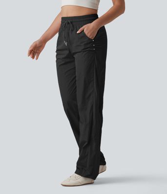High Waisted Drawstring Studded Straight Leg Casual Pants with Pockets