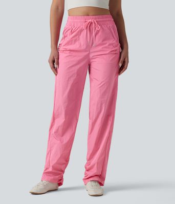 Lässige Hose mit hohem Bund, Seitentaschen, Kordelzug, Nieten und geradem Bein