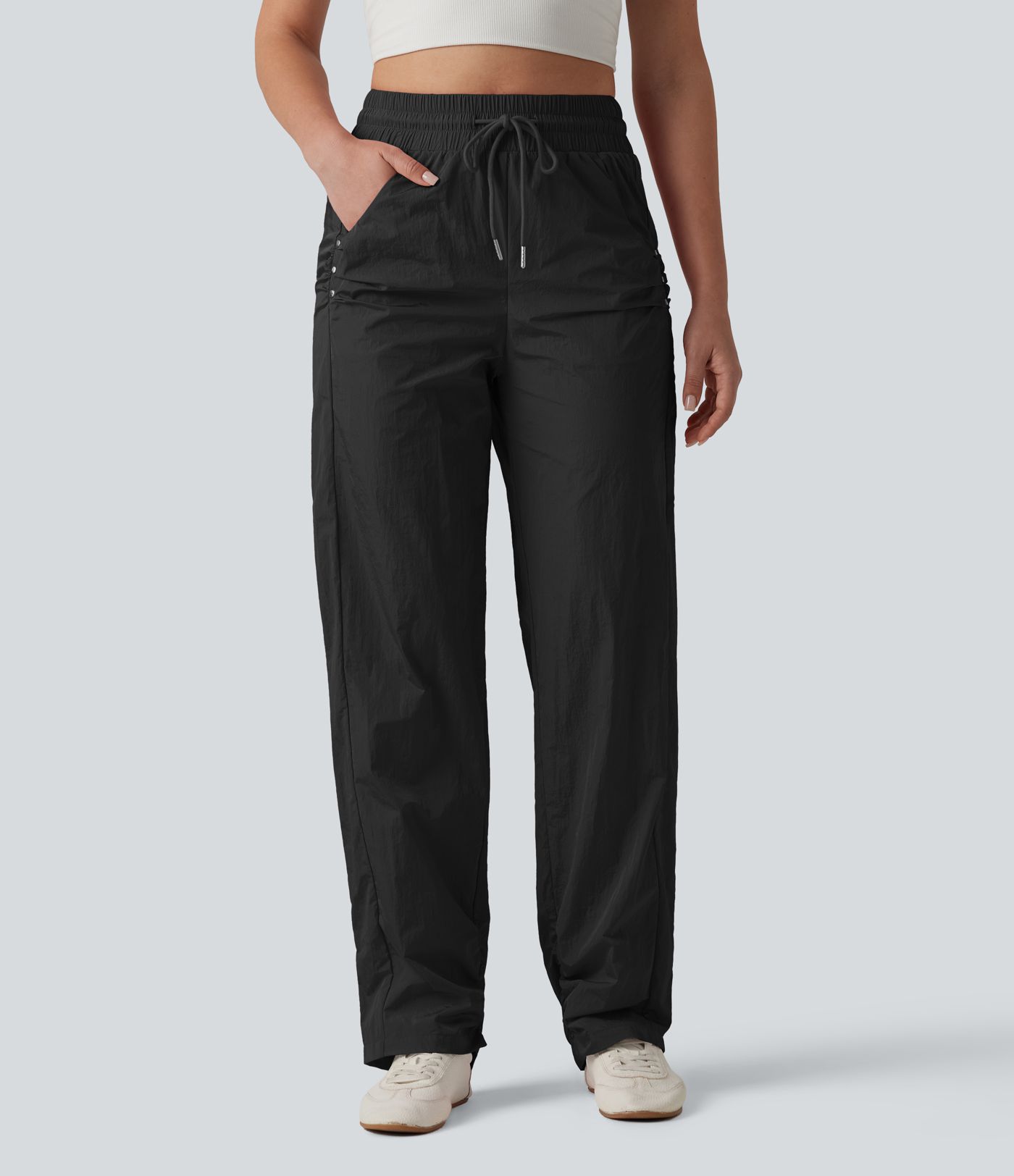 High Waisted Drawstring Studded Straight Leg Casual Pants with Pockets
