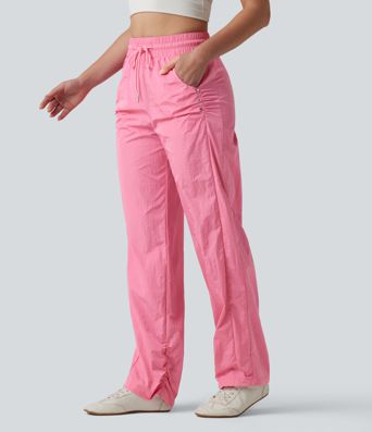 Lässige Hose mit hohem Bund, Seitentaschen, Kordelzug, Nieten und geradem Bein