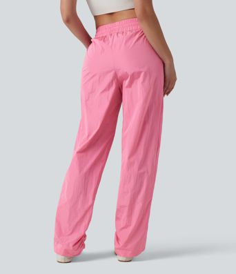 Lässige Hose mit hohem Bund, Seitentaschen, Kordelzug, Nieten und geradem Bein