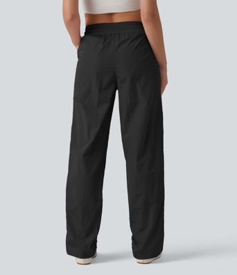 High Waisted Drawstring Studded Straight Leg Casual Pants with Pockets