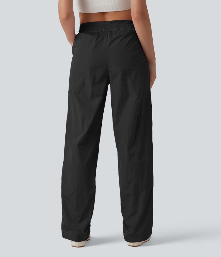 High Waisted Drawstring Studded Straight Leg Casual Pants with Pockets